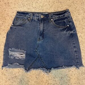 DENIM BLVD — distressed dark wash denim mini skirt (size: SMALL)